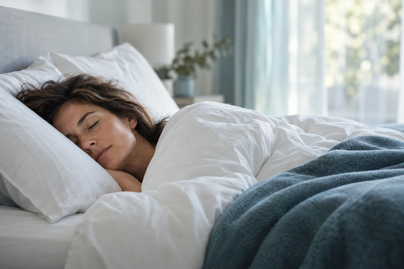 Illustration d’une personne dormant sur le côté dans une chambre lumineuse.